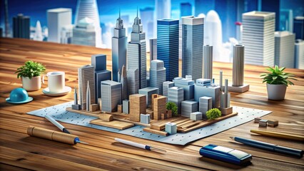 Abstract concept of urban planning and development represented by blueprints, engineering tools, and miniature model of cityscape on a sleek wooden desk surface.