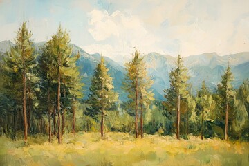 Oil painting depicting a vibrant summer landscape showcasing tall pine trees in a serene forest setting