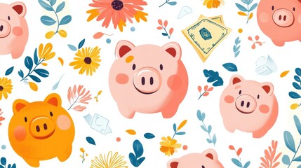 Obraz premium Happy Vibrant Financial Freedom Pattern with Cheerful Piggy Banks, Cash, and Financial Goals
