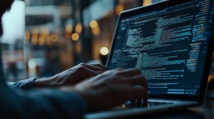 Software Developer Programming New Application on Laptop in Modern Office During Daytime, Focus on Code Screen and Hands, Concept of Technology and Innovation in Software Development