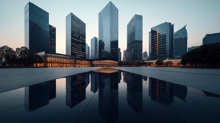 Obraz premium Modern cityscape with tall glass skyscrapers reflecting in a large water feature during evening, creating a symmetrical and serene urban scene.