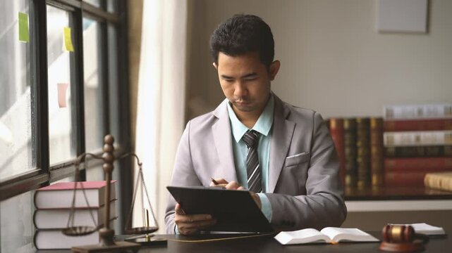 Justice in the Making: A determined lawyer meticulously examines a law book, scales of justice in the background, embodying the pursuit of truth and fairness. 