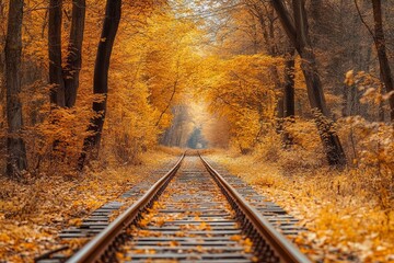 Naklejka premium Autumn Forest with Old Railway Tracks in a Tunnel of Love, AI generated illustration