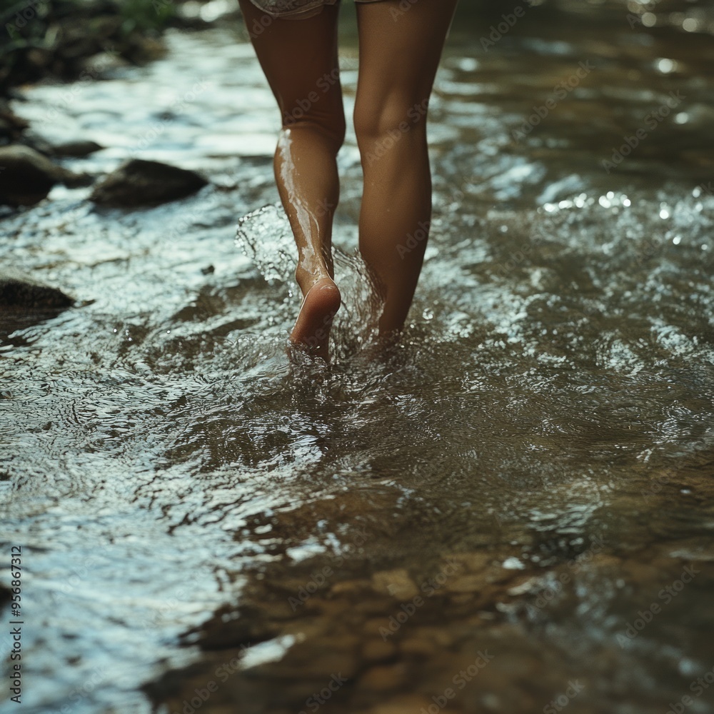 Sticker Woman's bare feet walking through a shallow stream of water.