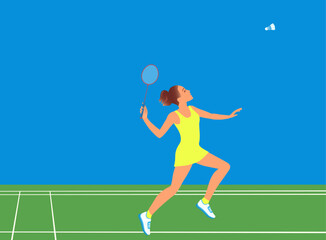 Obraz premium Woman playing badminton. Horizontal poster with girl player in motion hitting shuttlecock with racquet. Vector illustration.