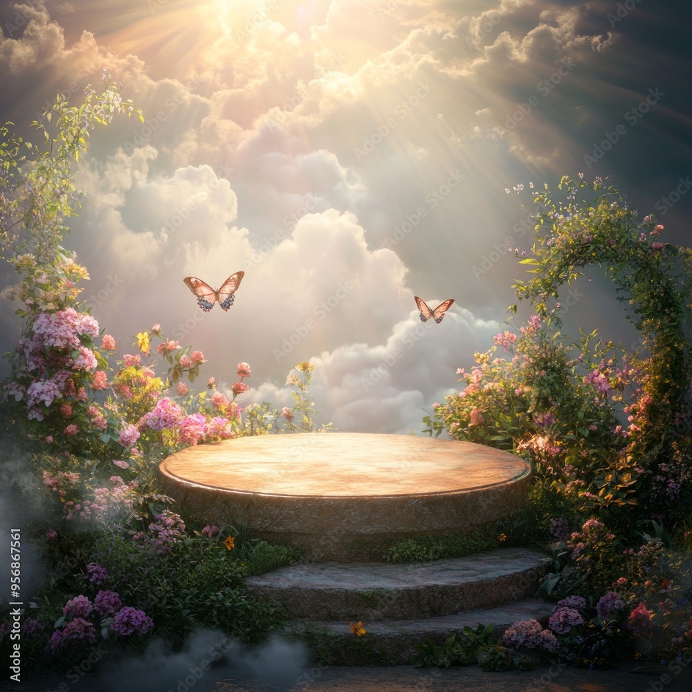 Wall mural Wooden podium in a magical rose garden with a cloudy sky and butterflies.