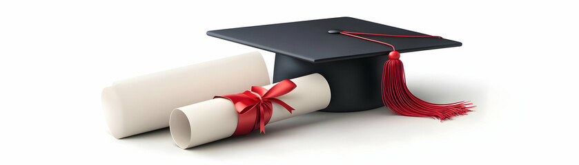 Isolated Graduation Cap and Diploma Vector concept as A sleek isolated vector image of a graduation cap and diploma symbolizing the completion of online education. The elements are set on a white back