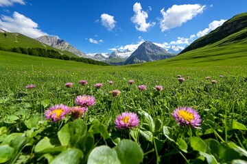 Obraz premium Alpine meadow scenery, bright flowers, distant peaks evoke a sense of peace and solitude