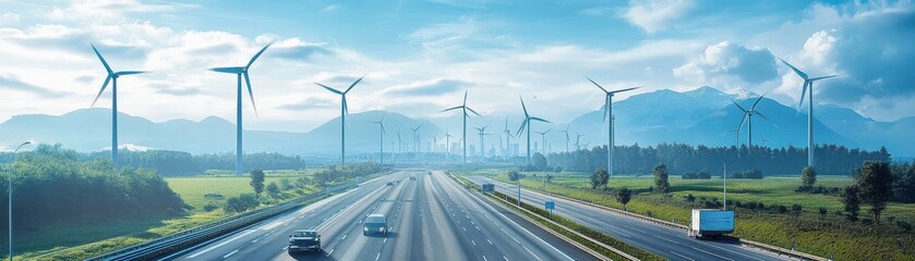 A scenic view of a highway lined with wind turbines and mountains in the background, showcasing renewable energy and natural beauty.