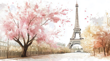 Beautiful artwork of the Eiffel Tower surrounded by blooming cherry blossoms in a serene Parisian landscape.