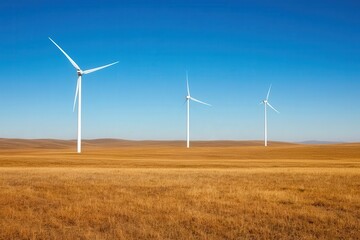 Breathtaking wind farm scenery with turbines elegantly spinning under a clear blue sky, showcasing renewable energy in harmony with nature.