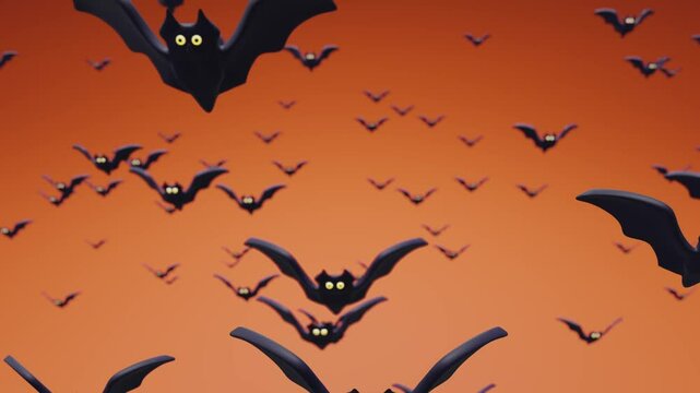 Creepy cartoonish bats with yellow shining eyes flying into the camera, on a Halloween themed orange background.