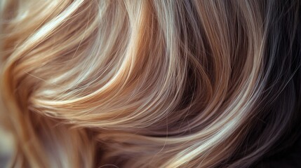 Naklejka premium Detailed view of a woman hair with soft, natural highlights, styled in a simple yet elegant manner, capturing the light and texture of her hair.