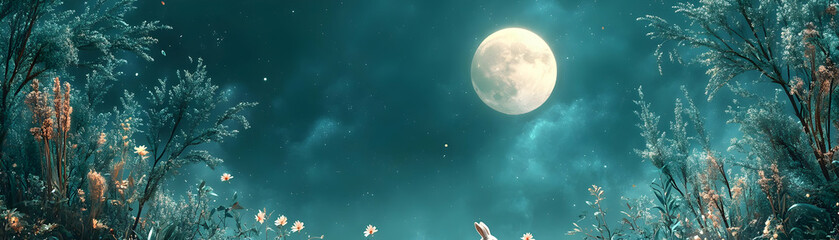Fototapeta premium Jade Rabbit and Moon Border Frame with Copy Space concept as A border frame with a jade rabbit and the moon positioned on opposite sides offering ample copy space in the middle. Mid Autumn Greetings t