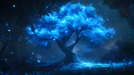 Obraz premium An ethereal tree radiates with mystical blue lights, creating a serene and magical atmosphere in a tranquil nocturnal forest. Mystic. Illustration