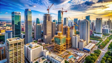 Obraz premium Aerial view of a bustling cityscape with modern skyscrapers, cranes, and construction sites, symbolizing economic growth, development, and immigration opportunities.
