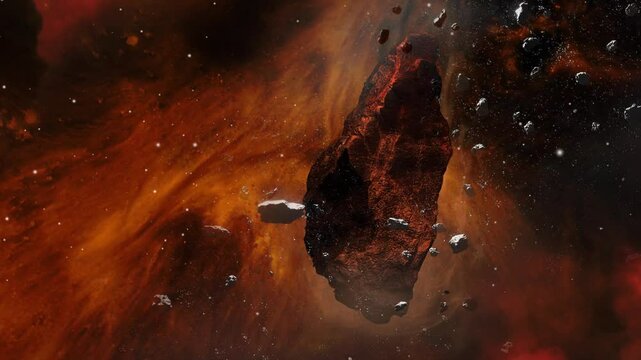 Asteroid belt field in dark orange outer space. 3D animation wide arc tracking shot. Rock formations of cosmic debris and giant Meteorites. Celestial objects on stars 