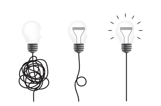 Head shape lightbulb set with cable knot. Idea, problem solving, complex business process resolving concept vector design with 3d lightbulb, wire.