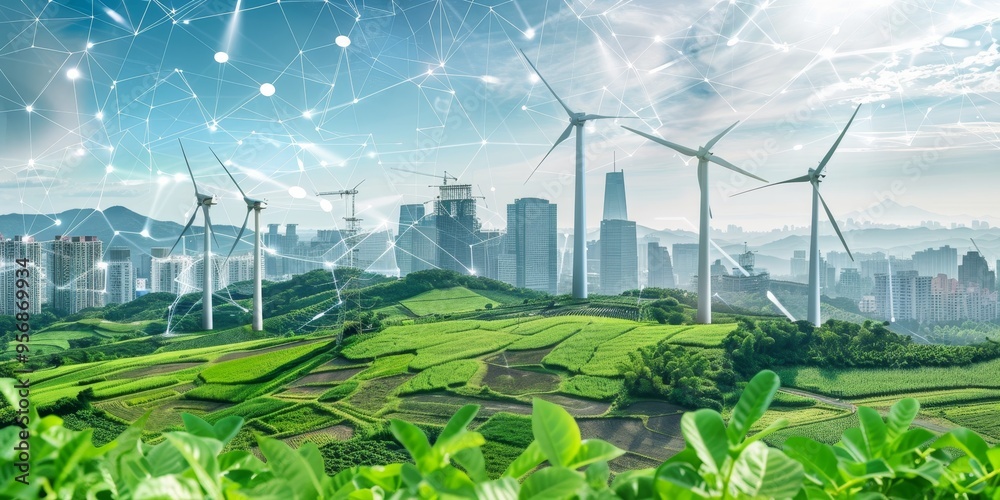Poster artistic representation of sustainable infrastructure with renewable energy sources and green techno
