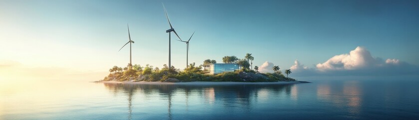Obraz premium A serene island landscape showcasing wind turbines and lush vegetation, embodying renewable energy and eco-friendly living.