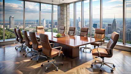 Fototapeta premium Aerial view of a grand, sleek conference table surrounded by high-backed leather chairs, set amidst a modern, minimalist boardroom with cityscape views outside.