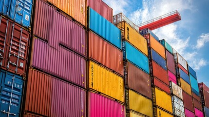 Fototapeta premium Detailed view of cargo containers stacked on a ship, showing the variety of colors and logos on the containers with the ship structure in the background.
