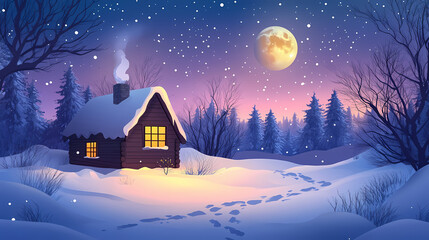 Fototapeta premium Fabulous mystic winter landscape, night scene with a moon and cute house in snow. Mystic. Illustration