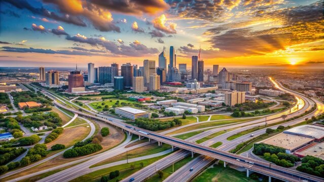 Aerial view of the Dallas-Fort Worth metropolitan area at sunset, showcasing a bustling urban landscape with skyscrapers, highways, and sprawling suburban developments.