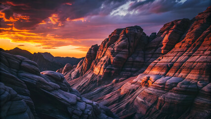 Fototapeta premium Dramatic sunset over rocky mountains with colorful layers for nature and adventure themes 