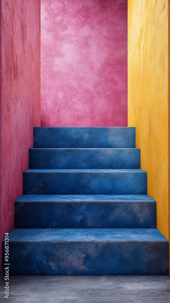 Sticker A blue staircase is shown in front of a pink wall