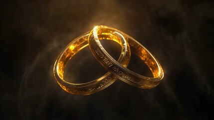Intertwined Golden Rings Engraved with Symbols Representing Bilateral Trade Agreement in a Dark Void
