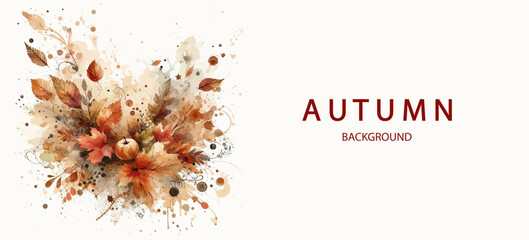 Obraz premium Autumn background with watercolor falling leaves . Abstract art autumn minimalistic background with brush texture and flying maple leaves.Hand-painted natural art with fall leaves. Autumn border .