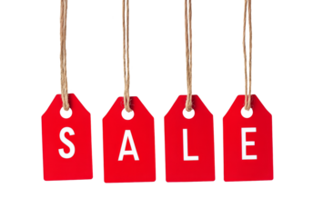 Four red hanging wobbly sale tags with strings isolated on transparent background