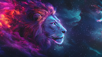 Sign of the zodiac lion in vibrant, holographic colors. embodying strength and mysticism with a touch of surrealism. astrological sign leo. horoscope. panoramic banner. Mystic. Illustration
