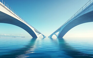 Obraz premium Bridges Extending from Two Continents Meeting in the Ocean Symbolizing Bilateral Trade Agreement