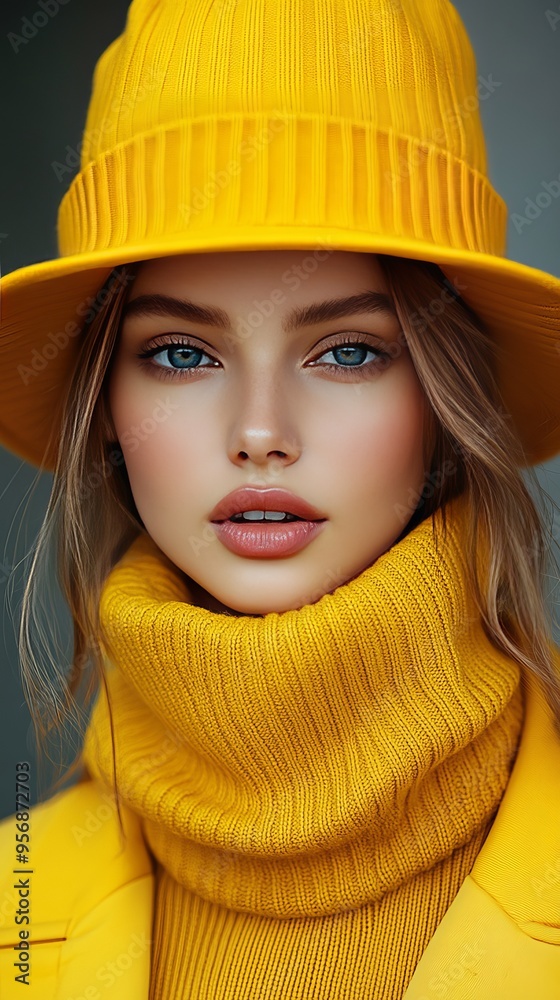 Poster A woman in a yellow hat and a yellow sweater