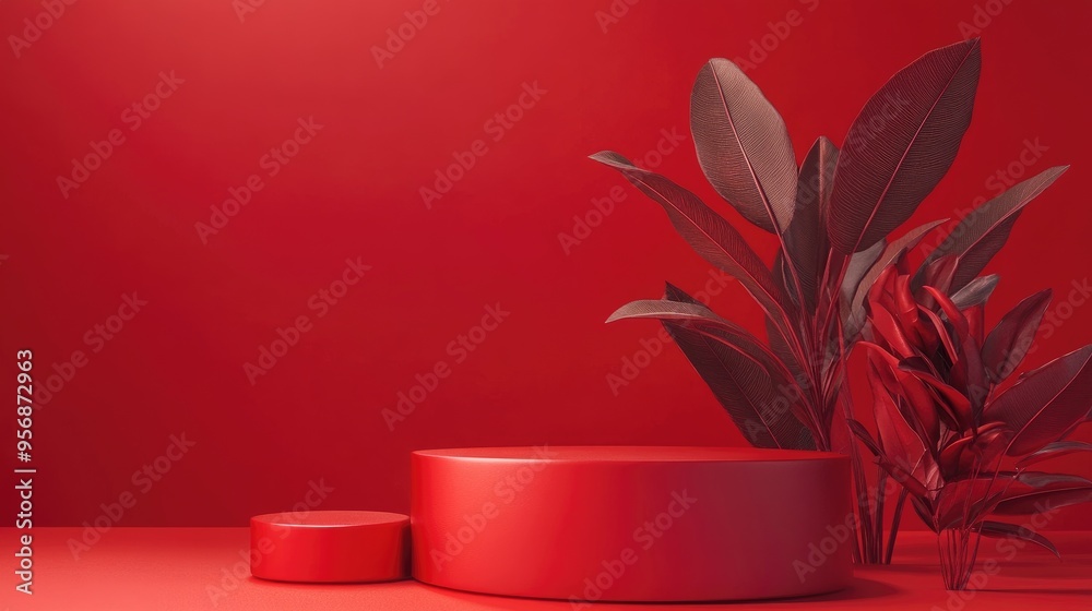 Poster Red podium set against a red backdrop 3D rendering Minimalist concept