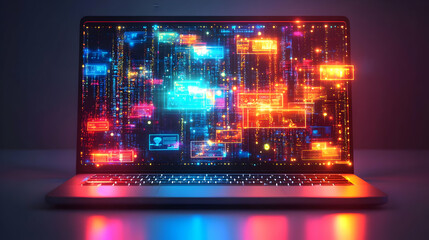 Obraz premium Laptop with holographic virtual meeting icons and copy space isolated on white balance concept as Camera movement Zoom into the laptop screen highlighting the glowing holographic icons representing pa
