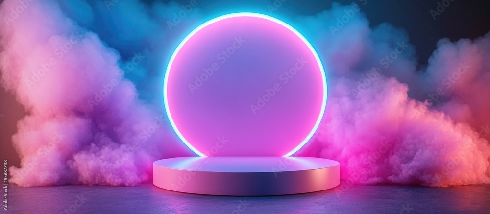 Aufkleber Empty podium surrounded by a gradient neon ring on a backdrop 3D render featuring an abstract scene with a pink and blue neon frame