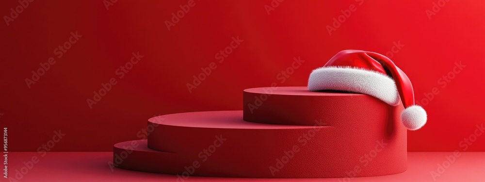 Poster Minimalist product mockup backdrop for winter holiday themes Santa hat resting on a red step platform 3D rendered illustration with clipping paths for all elements included