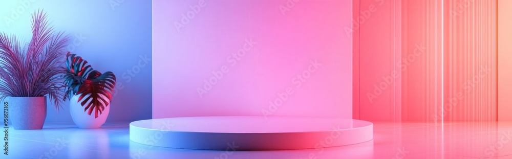 Poster Pink minimalist backdrop with white flooring showcasing a product display stand in 3D render