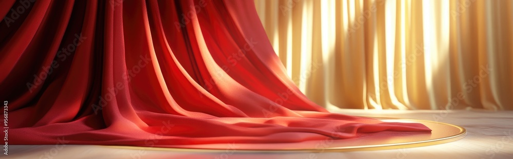Aufkleber podium draped in red fabric with a gold curtain in the background 3d illustration