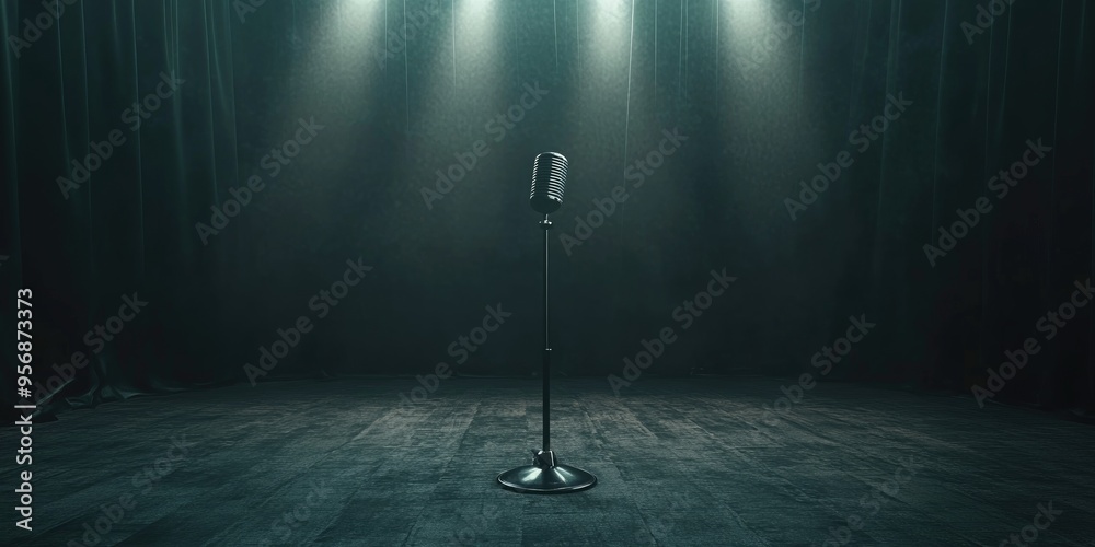 Aufkleber empty dark stage featuring a microphone 3d render
