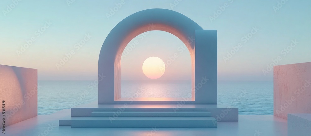 Poster Scene featuring geometric shapes an arch with a podium illuminated by natural daylight set against a minimal landscape with a sea view 3D rendered background