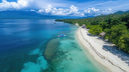 Drone perspective of Santai Beach in Latuhalat, Ambon, Maluku, highlighting the idyllic white sand beaches and crystal-clear waters, great for travel promotions.