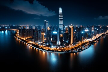 Evening city scenery, glowing lights, towering buildings showcase the vibrant life of the urban landscape