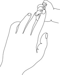 Line drawing of parent's hand and child. Child's hand holds mother's finger. Love, motherhood, fatherhood, childhood, care sign. Vector drawing