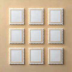 Nine blank postage stamps arranged in a grid on a beige background.