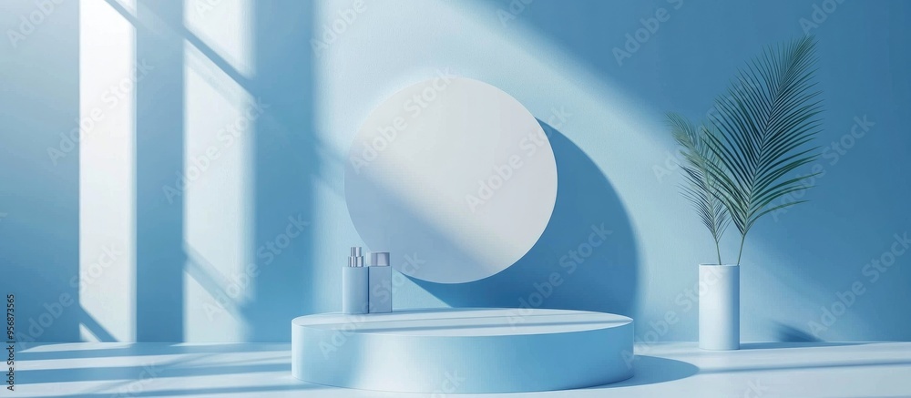 Poster elegant product showcase featuring a luxurious geometric podium set against a blue backdrop designed