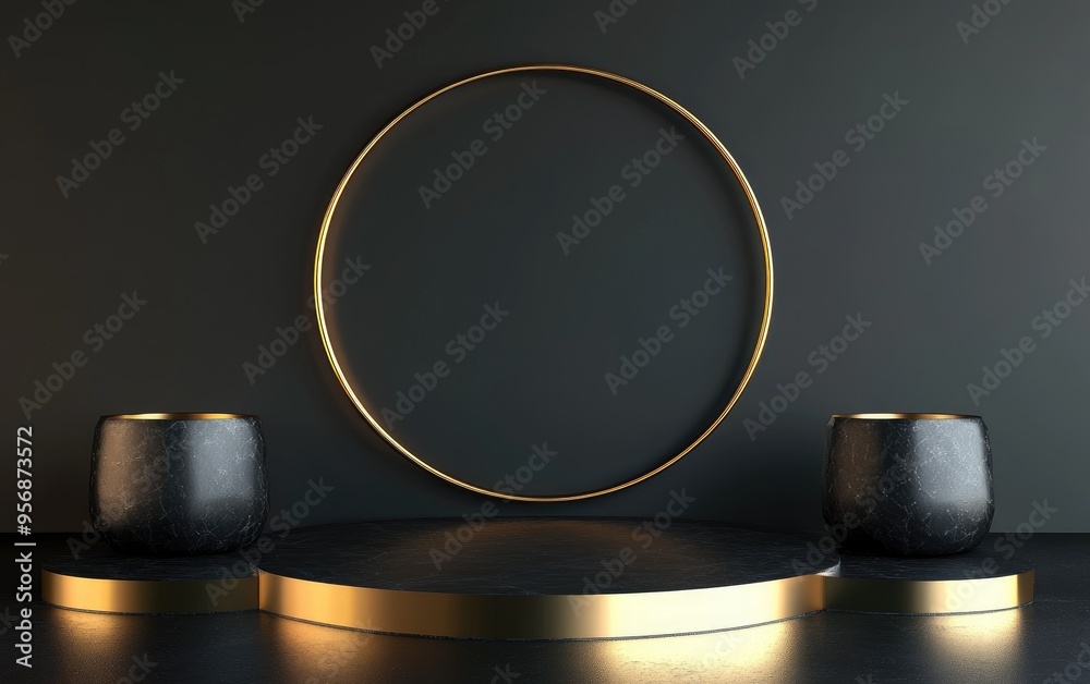Aufkleber Abstract podium background featuring geometric shapes in black and gold Minimalist 3D rendering suitable for product display with a geometric backdrop